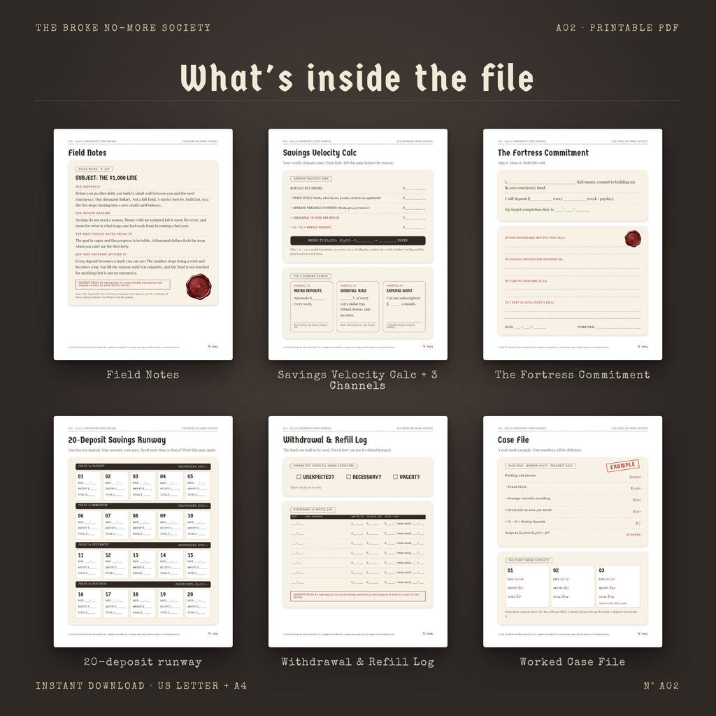 $1,000 Emergency Fund Tracker: 20-Week Savings Runway Dossier, PDF Printable Digital Download