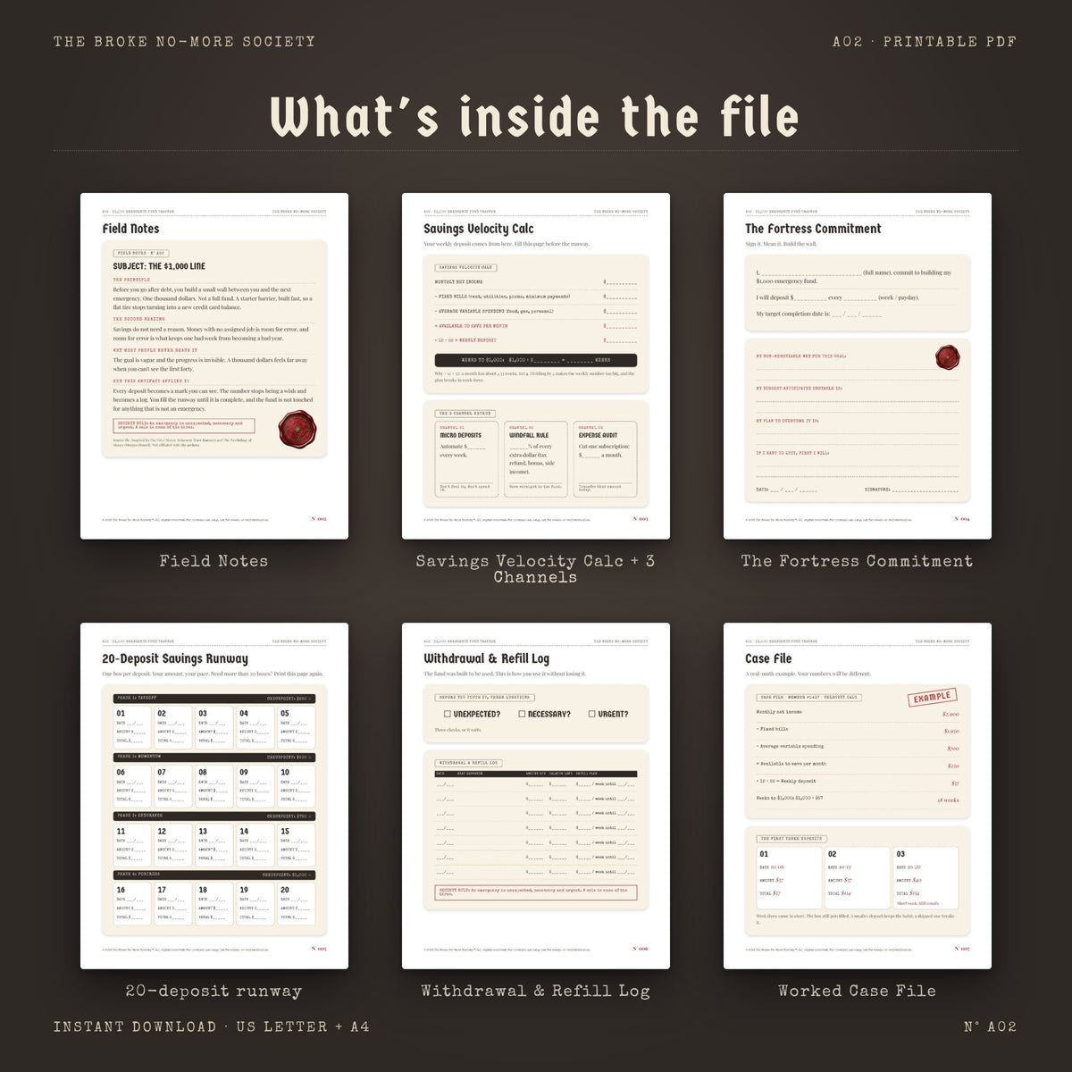 $1,000 Emergency Fund Tracker: 20-Week Savings Runway Dossier, PDF Printable Digital Download