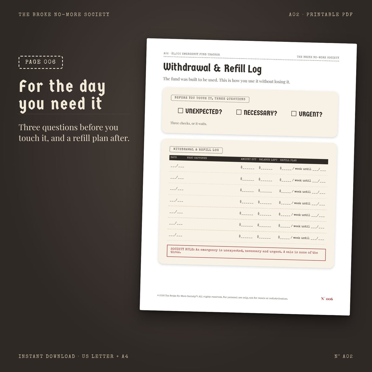 $1,000 Emergency Fund Tracker: 20-Week Savings Runway Dossier, PDF Printable Digital Download
